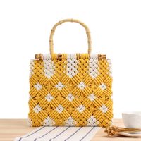 New Bamboo Plaid Straw Lace Hand-held Hand-carried Cotton Rope Woven Bag 30*26cm sku image 3