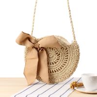 Cute Bow Crossbody Woven Hand-crocheted Round Straw Woven Bag 23*26cm sku image 1