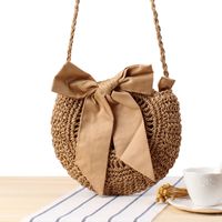 Cute Bow Crossbody Woven Hand-crocheted Round Straw Woven Bag 23*26cm sku image 2