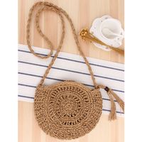 Cute Bow Crossbody Woven Hand-crocheted Round Straw Woven Bag 23*26cm sku image 4