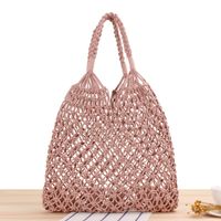 New Solid Color One-shoulder Woven Straw Cotton Rope Net Pocket Beach Bag 35*48cm sku image 6