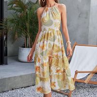 Summer New Sexy Suspender Skirt Halter Strap Yellow Print Dress main image 3