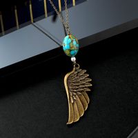 Retro Feathers Carved Eagle Wings Inlaid Turquoise Pendant Necklace sku image 1