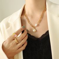 Fashion Geometric Chain Inlaid Pearl 18k Gold Titanium Steel Necklace main image 4