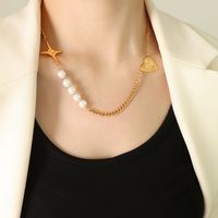 Fashion Titanium Steel 18k Imitation Pearl Stitching Cross Heart Necklace main image 5
