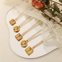Vintage Square Card Round Card Pendant Titanium Steel Plated 18k Gold Necklace main image 2