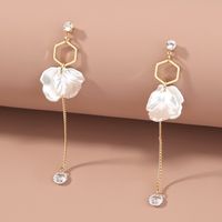 Fashion Imitation Pearl White Leaves Simple Long Tassel Alloy Earrings sku image 1