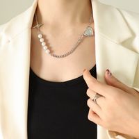 Fashion Titanium Steel 18k Imitation Pearl Stitching Cross Heart Necklace sku image 1