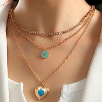 Vintage Blue Ocean Flip Heart Pendant Multi-layer Chain Stacking Necklace Wholesale main image 2