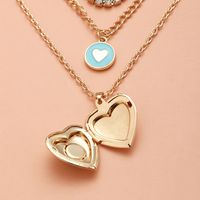 Vintage Blue Ocean Flip Heart Pendant Multi-layer Chain Stacking Necklace Wholesale main image 4