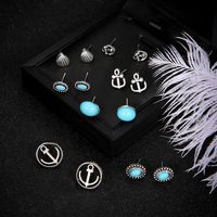 Fashion Alloy Stud Earrings Anchor Shell Inlaid Turquoise 7 Pairs Set main image 6