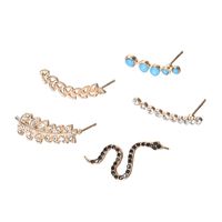 Fashion Diamond-encrusted Leaves Black Snake Crescent Alloy Earrings 5-piece Set main image 5