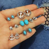 Fashion Alloy Stud Earrings Anchor Shell Inlaid Turquoise 7 Pairs Set sku image 1