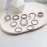 Vintage Geometric Pearl Black Alloy Ring Set Wholesale main image 3