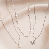 Retro Multi-layered Clavicle Chain Butterfly Pearl Alloy Necklace main image 5