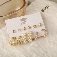 Inlaid Pearl Twist Ladies Alloy Set 6 Creative Retro Gold Heart Shaped Earrings main image 4