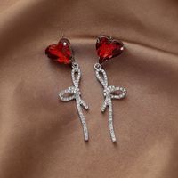 Fashion Red Heart Rhinestone Bow Alloy Earrings Wholesale main image 1