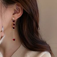 Simple Asymmetric Set With Rhinestones Red Heart Chain Earrings Wholesale main image 3
