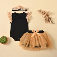 Summer New Hairband Lace Flying Sleeve Mesh Short Skirt Baby Romper Cotton Three-piece Set main image 3