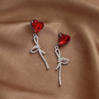 Fashion Red Heart Rhinestone Bow Alloy Earrings Wholesale sku image 1