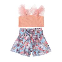 Bow Knot Sleeveless Top Summer Girls Suspenders Shorts Two-piece Suit sku image 6