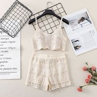 Women's New Suits Stitching Hollow Loose Camisole Drawstring Tie High Waist Shorts main image 4