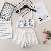 Women's New Suits Stitching Hollow Loose Camisole Drawstring Tie High Waist Shorts main image 5