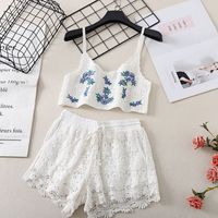 Women's New Suits Stitching Hollow Loose Camisole Drawstring Tie High Waist Shorts main image 6