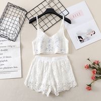 Women's New Suits Stitching Hollow Loose Camisole Drawstring Tie High Waist Shorts main image 7