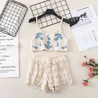 Women's New Suits Stitching Hollow Loose Camisole Drawstring Tie High Waist Shorts main image 8