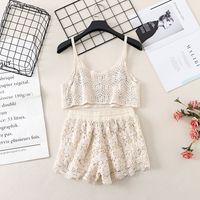 Women's New Suits Stitching Hollow Loose Camisole Drawstring Tie High Waist Shorts main image 10