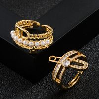 Fashion Copper Gold-plated Micro-inlaid Zircon Geometric Pearl Pin Ring main image 1