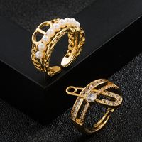 Fashion Copper Gold-plated Micro-inlaid Zircon Geometric Pearl Pin Ring main image 3