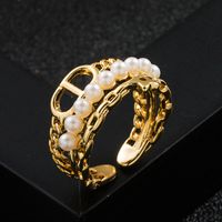 Fashion Copper Gold-plated Micro-inlaid Zircon Geometric Pearl Pin Ring main image 4