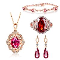 Rose Gold Red Crystal Drop-shaped Ruby Bracelet Ring Earrings Tourmaline Clavicle Chain Set sku image 5