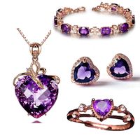 Heart-shaped Amethyst Pendant Necklace Four-leaf Clover Bracelet Amethyst Earrings Set sku image 5