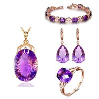 Jewelry Set Rose Gold Amethyst Water Drop Necklace Earrings Bracelet Four-claw Ring sku image 5