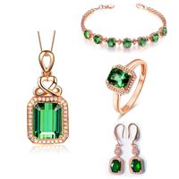 Green Tourmaline Gemstone Ring Bracelet Emerald Necklace Retro Earrings Jewelry Set sku image 5