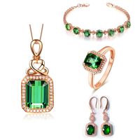 Green Tourmaline Gemstone Ring Bracelet Emerald Necklace Retro Earrings Jewelry Set main image 1