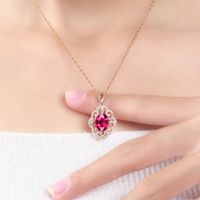 Rose Gold Red Crystal Drop-shaped Ruby Bracelet Ring Earrings Tourmaline Clavicle Chain Set main image 5