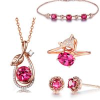 Rotes Turmalin Armband Einfache Rose Blume Ohrringe Rubin Blatt Anhänger Taube Blutrot Kristall Ring Set main image 1