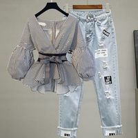 Simple Slim Striped Sleeve Chiffon Shirt Jeans Two-piece Suit main image 1