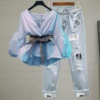 Simple Slim Striped Sleeve Chiffon Shirt Jeans Two-piece Suit sku image 3