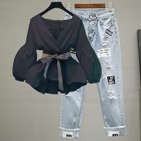 Simple Slim Striped Sleeve Chiffon Shirt Jeans Two-piece Suit sku image 12