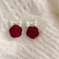 Retro Wine Red Rose Flower Flocking Flower Pendant Earrings main image 1