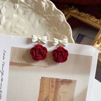 Retro Wine Red Rose Flower Flocking Flower Pendant Earrings main image 3