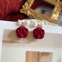 Retro Wine Red Rose Flower Flocking Flower Pendant Earrings main image 5