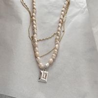 Baroque Freshwater Pearl Geometric Pendent Alloy Multi-layer Necklace Chain main image 6
