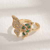 Fashion Diamond Green Zircon Summer Butterfly Open Copper Tail Ring main image 3