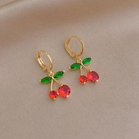 Cute Small Rhinestones Cherry Copper Fruit Earrings main image 2
